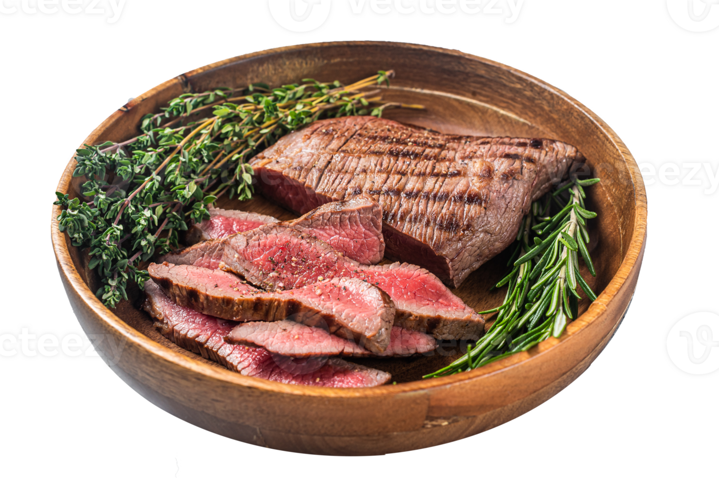 Grilled sliced Skirt Steak on a plate with herbs. Gray background. Top view png