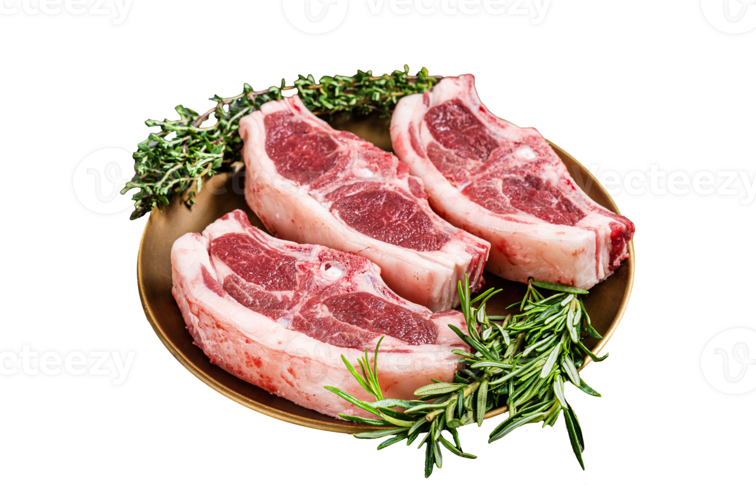 Uncooked Raw lamb loin chops steaks, saddle in plate with rosemary and thyme. Wooden background. Top view png
