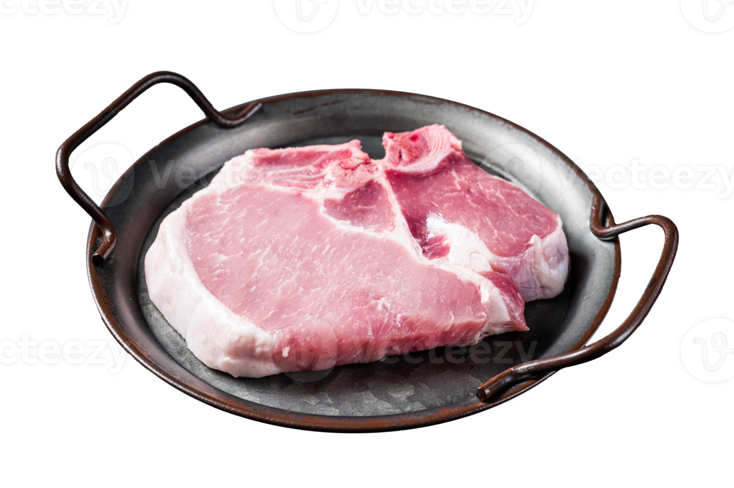 Raw pork t bone chop meat steak. Black background. Top view png