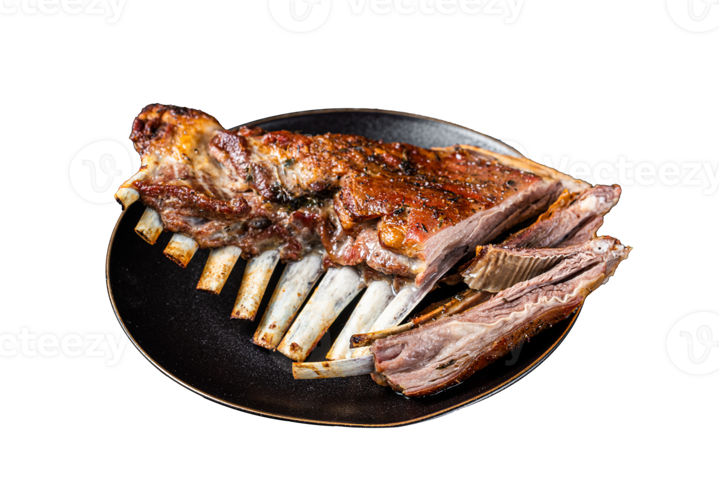 Roasted Rack of lamb ribs, mutton spareribs, sliced meat on plate. Black background. Top view png