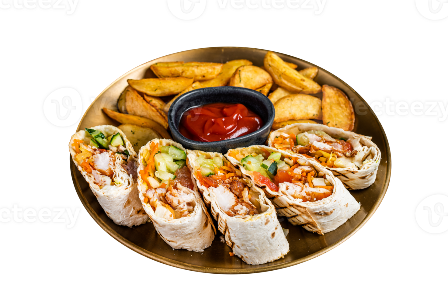 Chicken shawarma durum doner kebab with vegetable salad and french fries. Dark background. Top view png