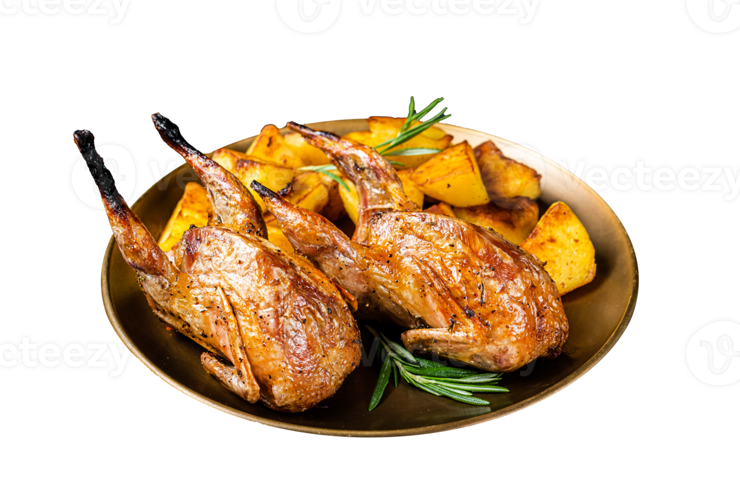 Delicious roasted quails with herbs in a plate with fried potato. Black background. Top view png