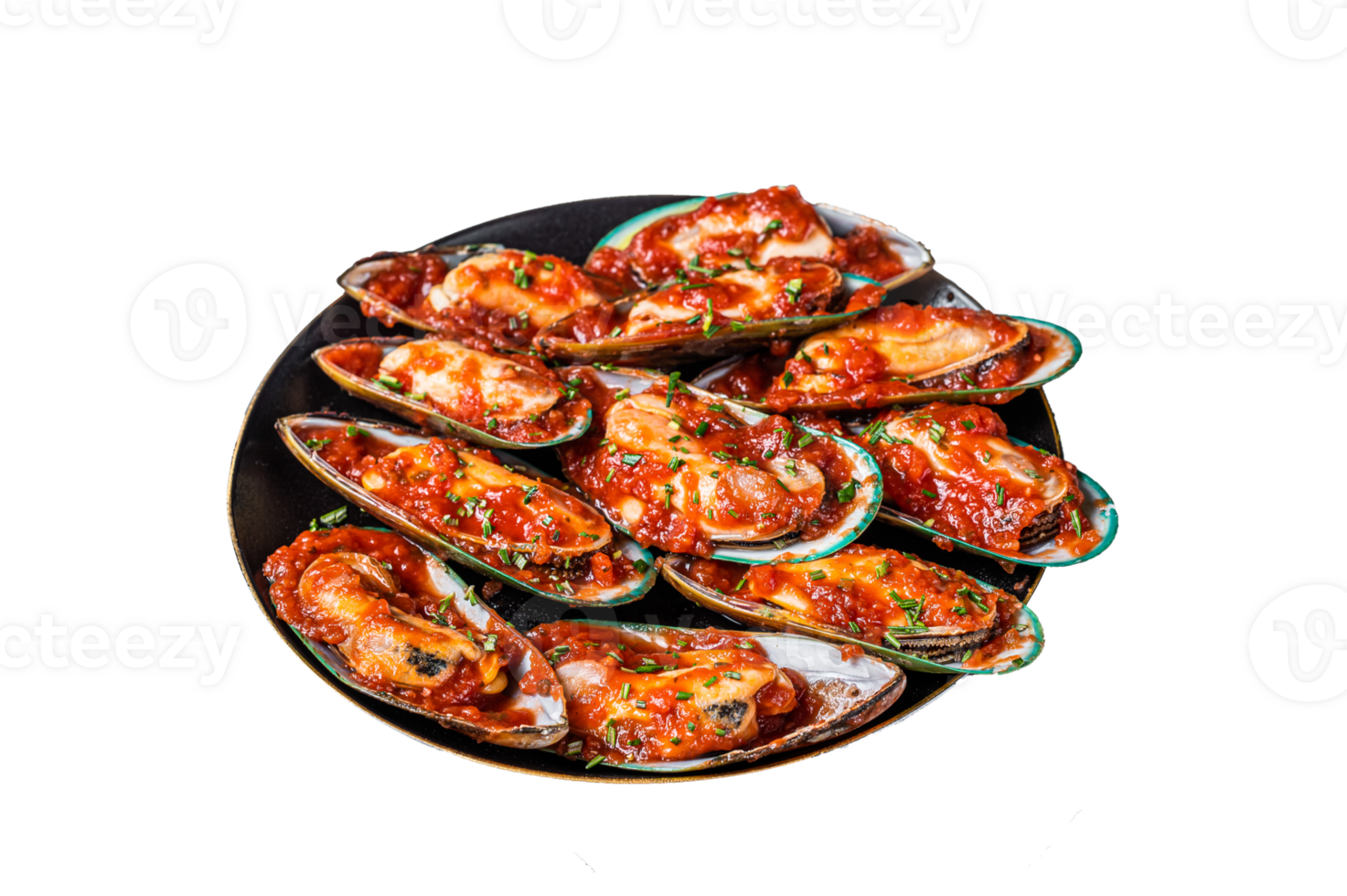 Large green mussels cooked in tomato sauce with garlic, parsley and lemon. White background. Top view png