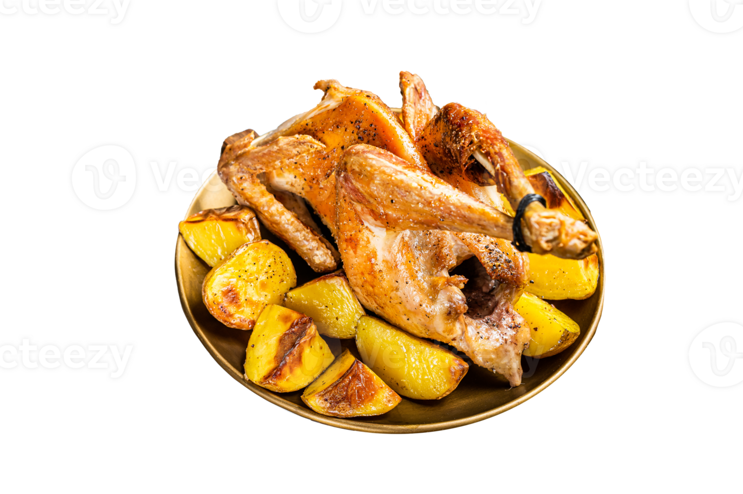 Roasted guinea fowl with herbs and potato, cooked farm eco bird. Wooden background. Top view. Copy space png