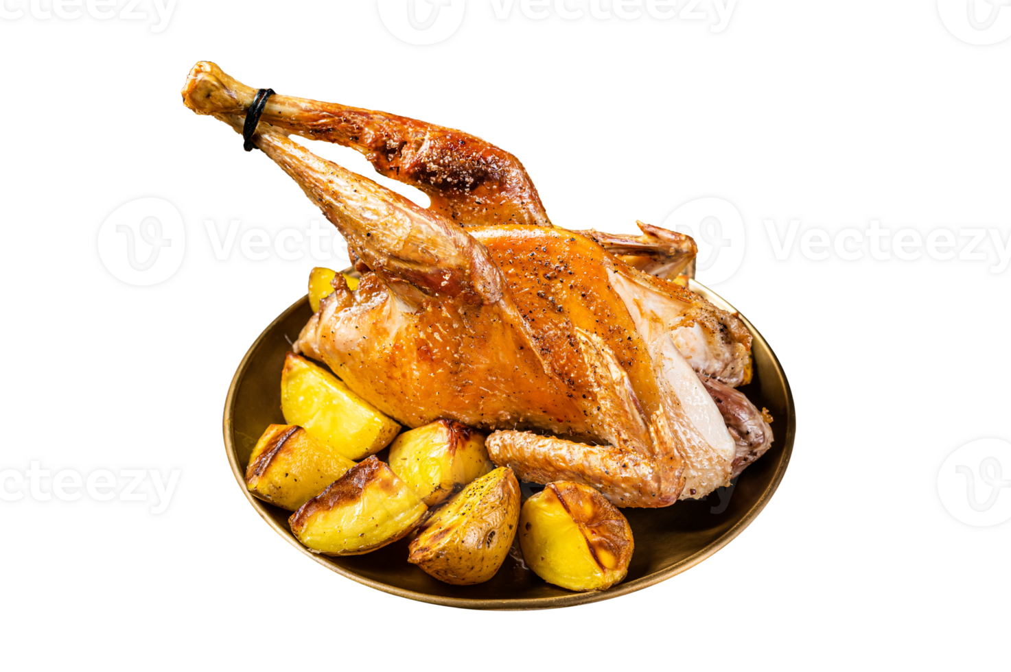 Roasted guinea fowl with herbs and potato, cooked farm eco bird. Wooden background. Top view png