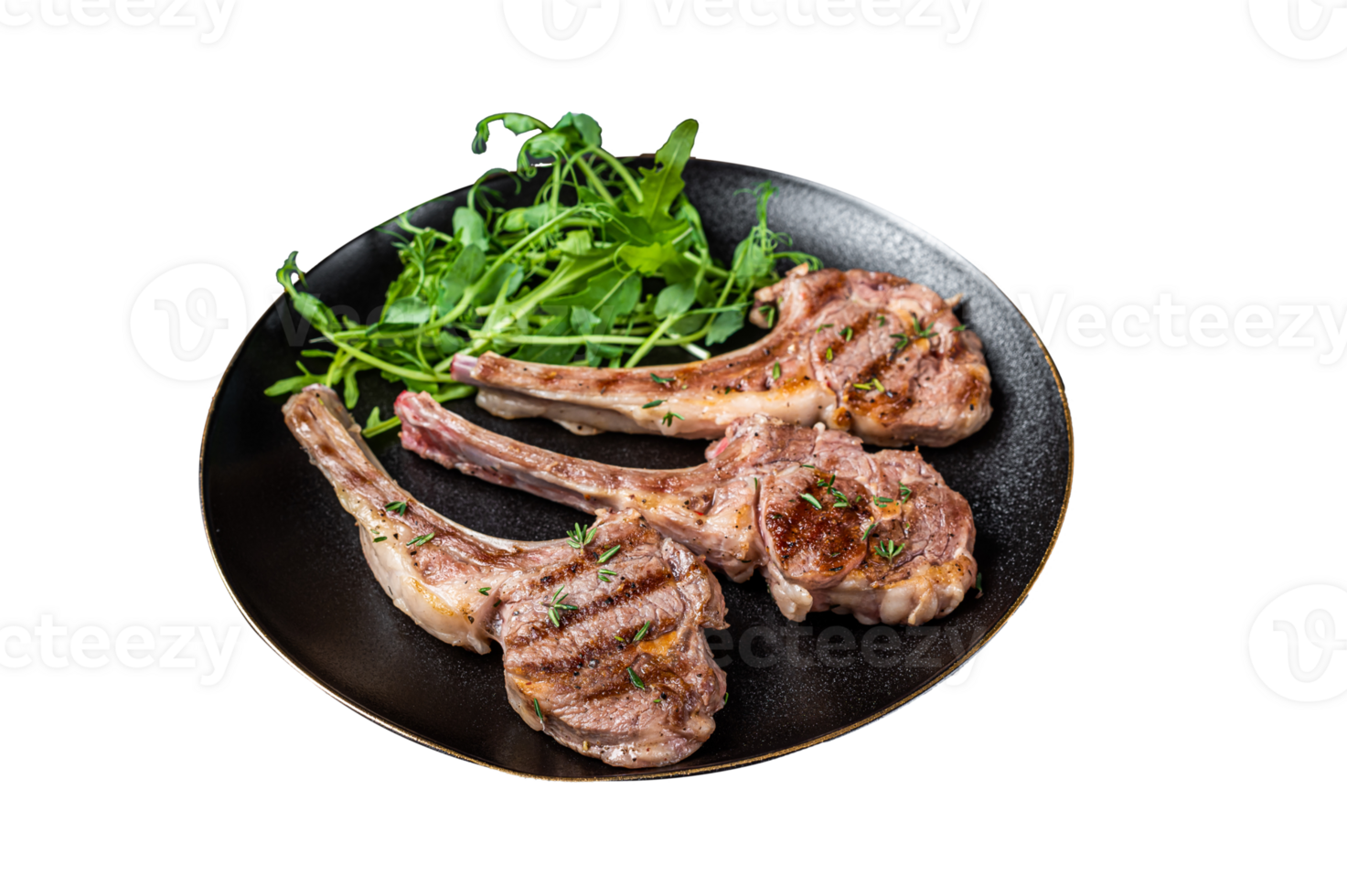 Roasted lamb meat cutlets, mutton chops with garnish. Black background. Top view png
