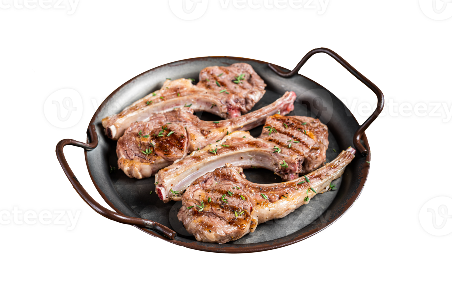 BBQ with Grilled lamb meat chops, mutton steaks with herbs. Orange background. Top view png