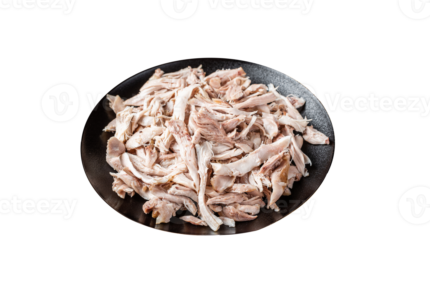 Shredded chicken meat in a plate. Orange background. Top view png