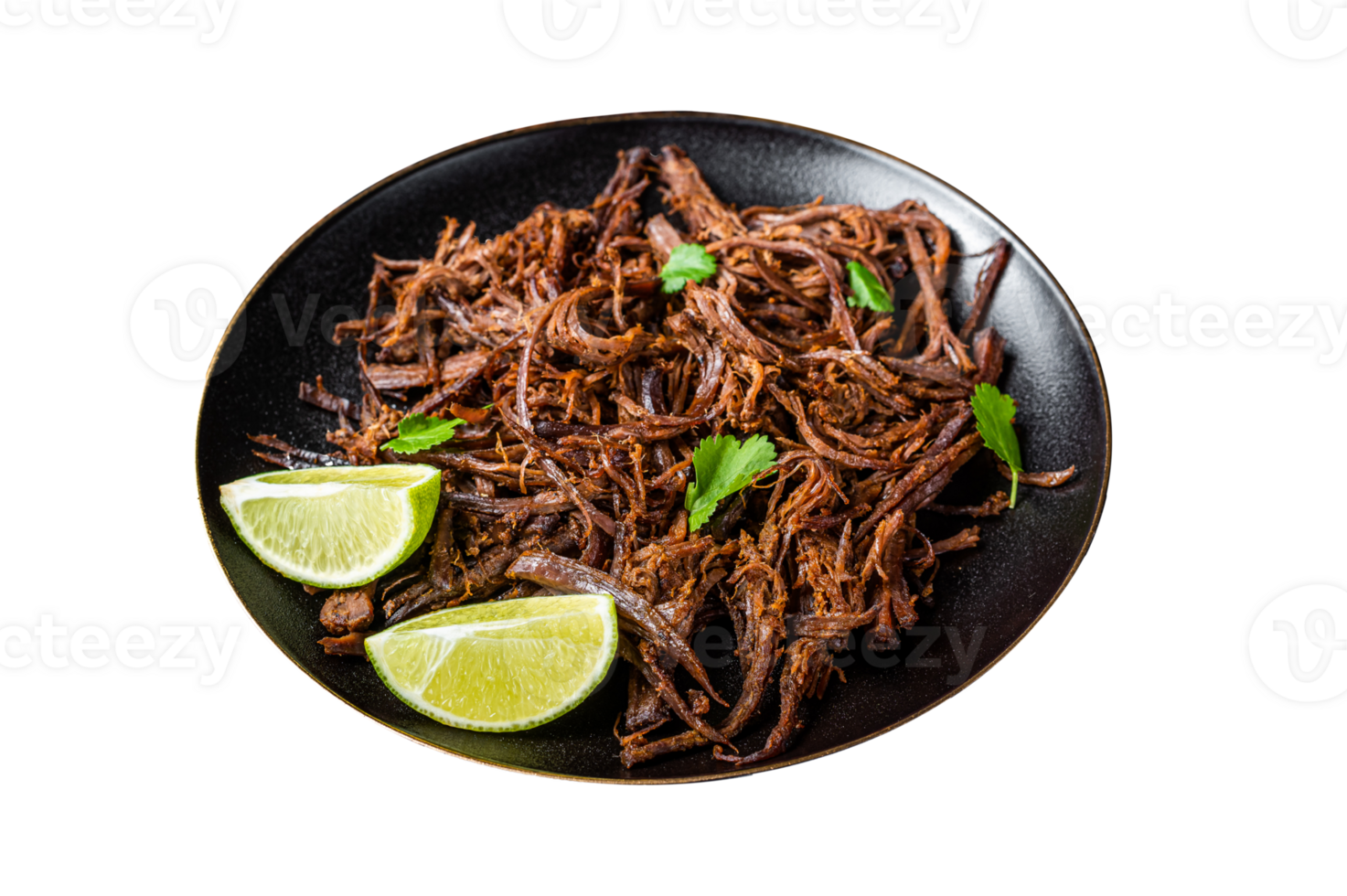 Carnitas in a plate with celery and lime wedges. Wooden background. Top view png