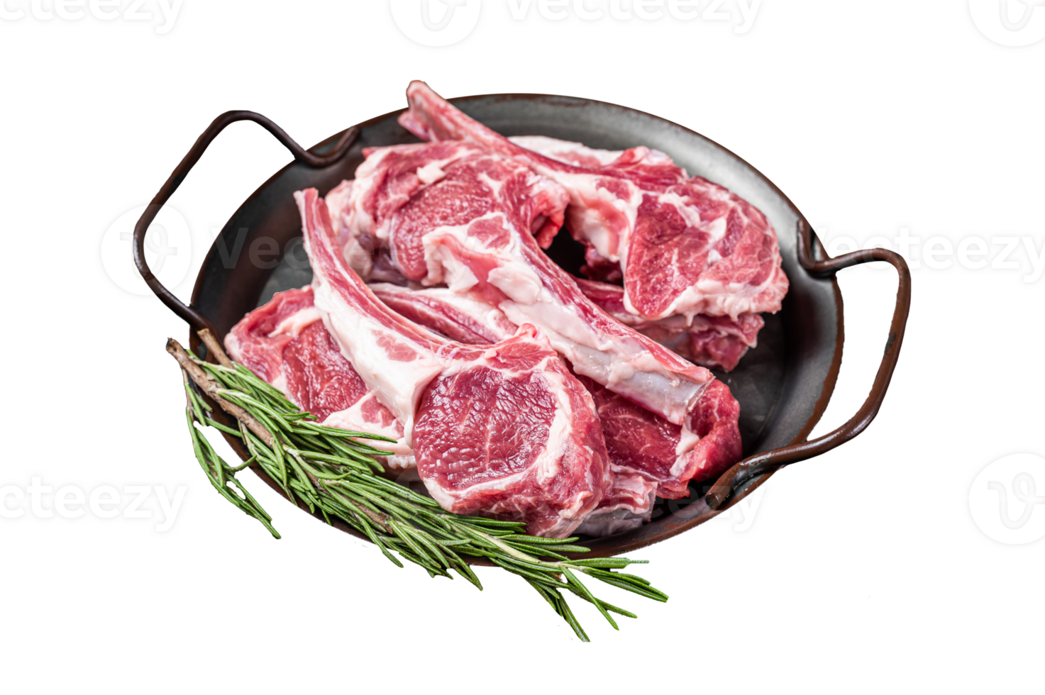 Raw lamb mutton chop steaks, fresh meat cutlets on butcher table. Black background. Top view png