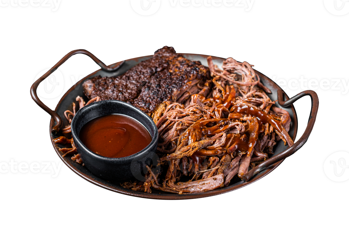 Slow Cooked Pulled Beef, Traditional meat rubbed with spices and smoked in a Texas smoker. Black background. Top view png