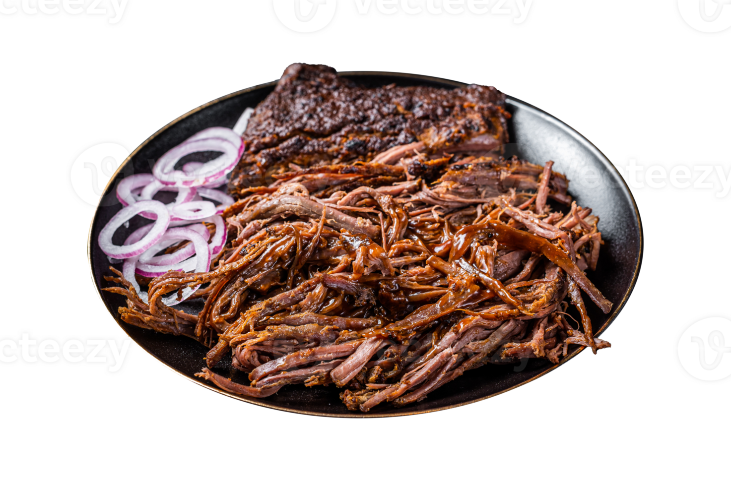 BBQ pulled pork meat on plate. Black background. Top view png