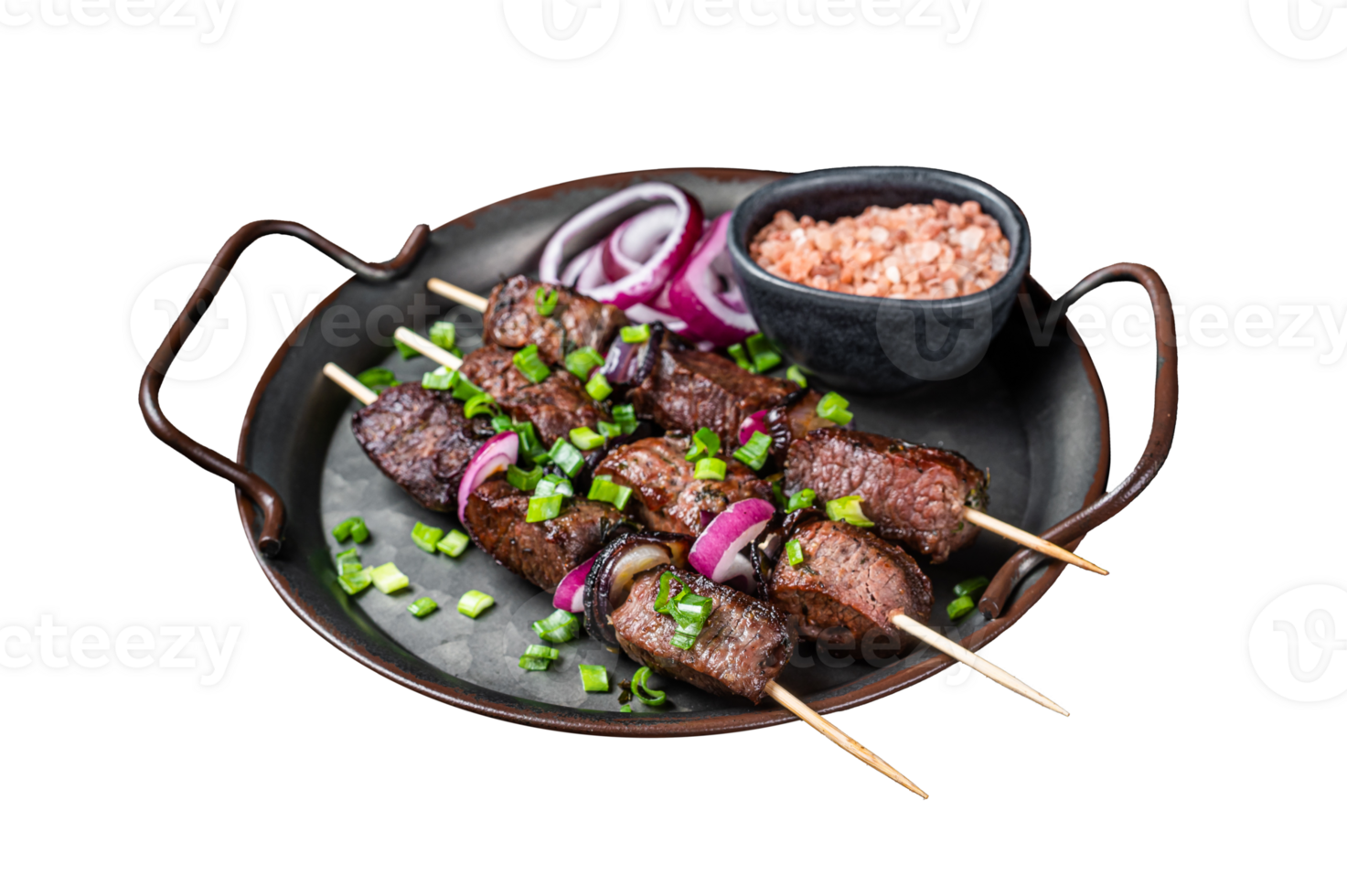 Kebabs grilled meat skewers, shish kebab with onion and herbs, grilled beef meat. Wooden background. Top view png