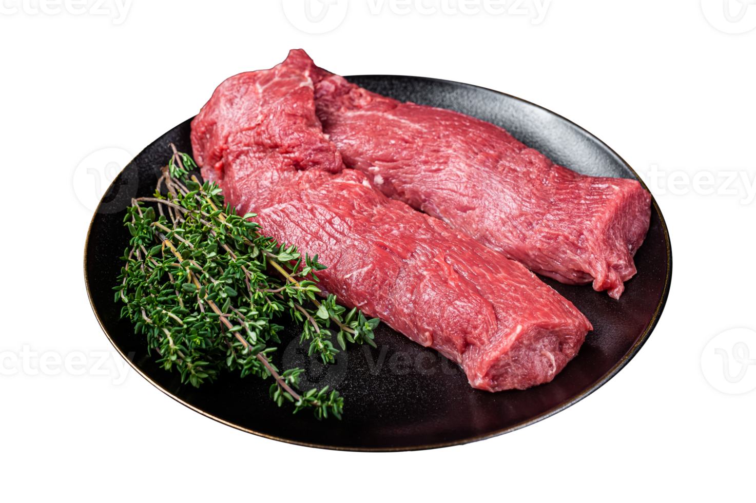 Halal fresh lamb tenderloin meat, Mutton sirloin fillet with thyme. Black background. Top view png