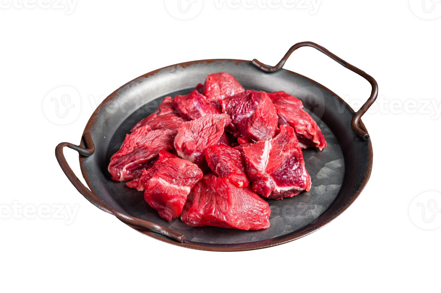 Pieces of raw diced beef fillet meat. Black background. Top view png