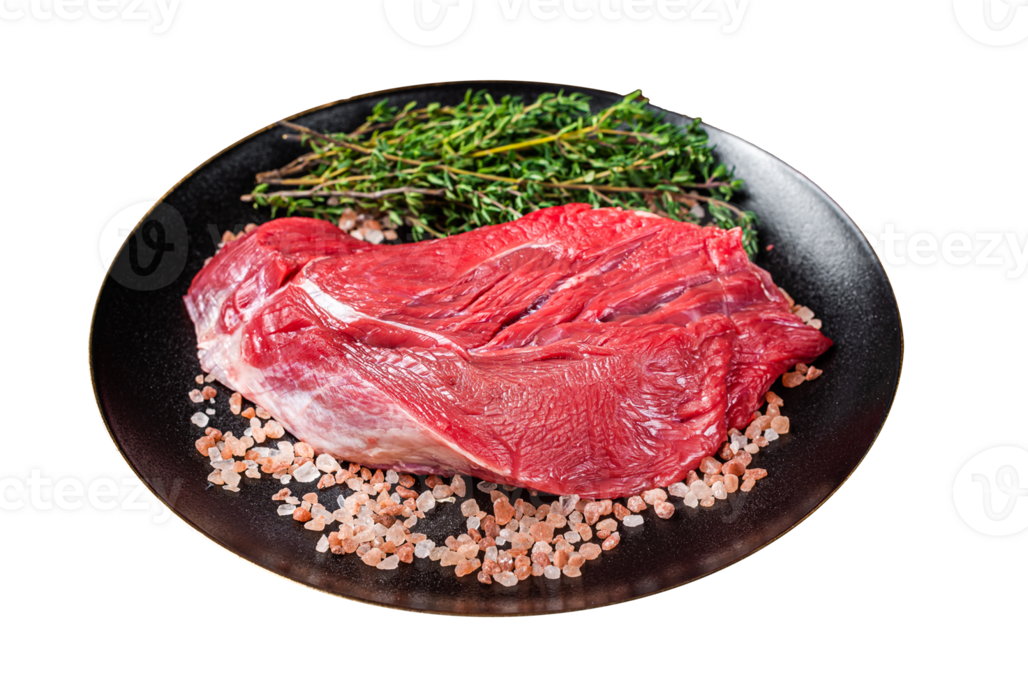 Raw beef sirloin steak with herbs and salt. Dark background. Top view png