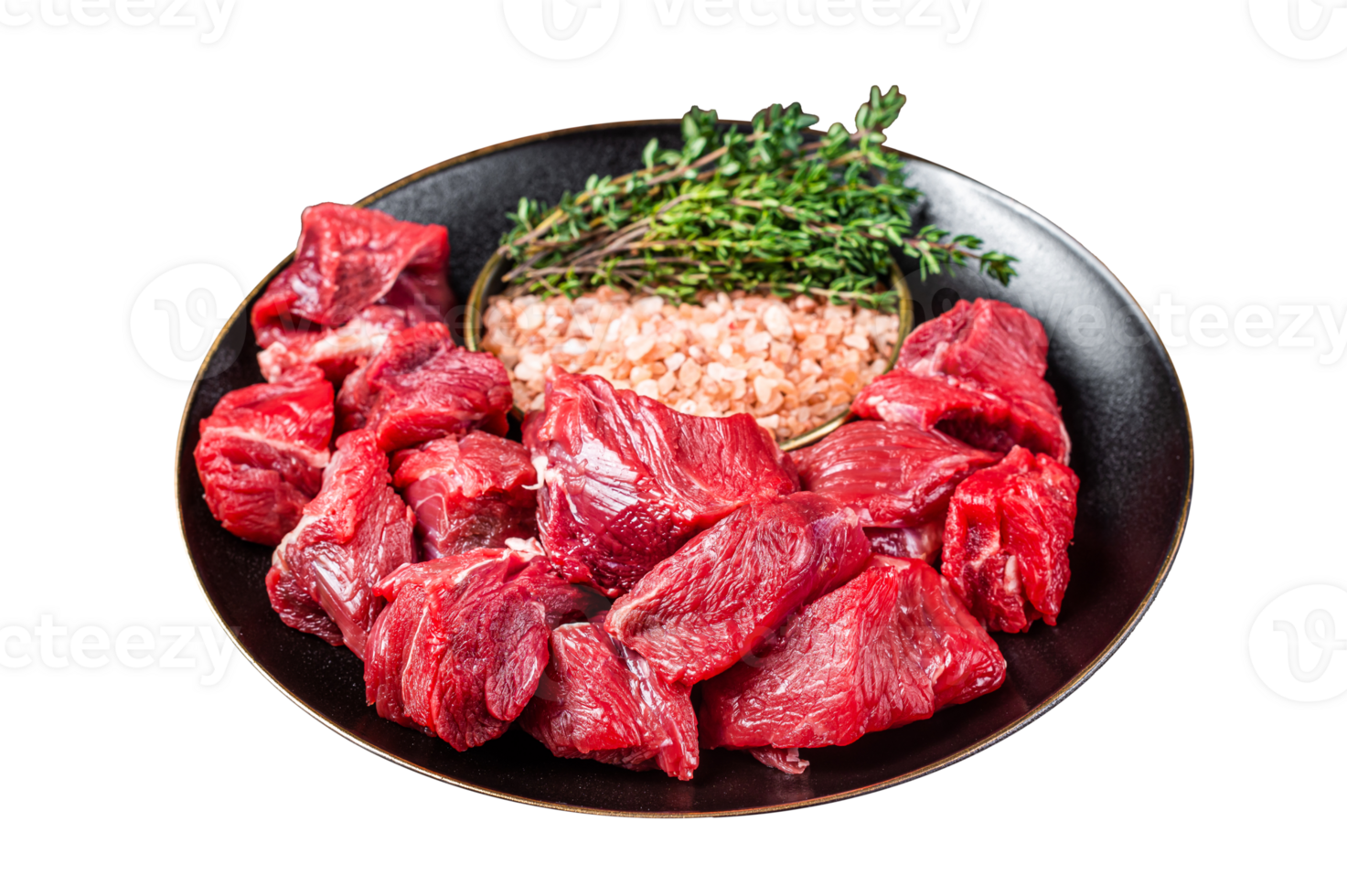 Raw lean diced casserole beef meat for cooking Goulash. Wooden background. Top view png