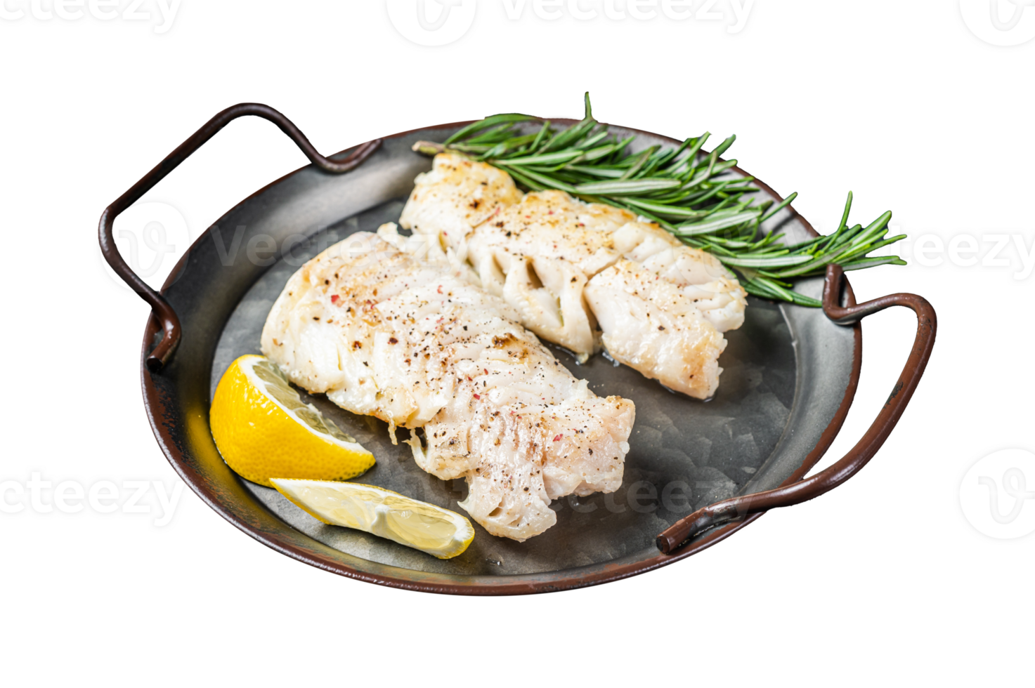 Roast Fillets of codfish, cooked cod fish meat. Black background. Top view png