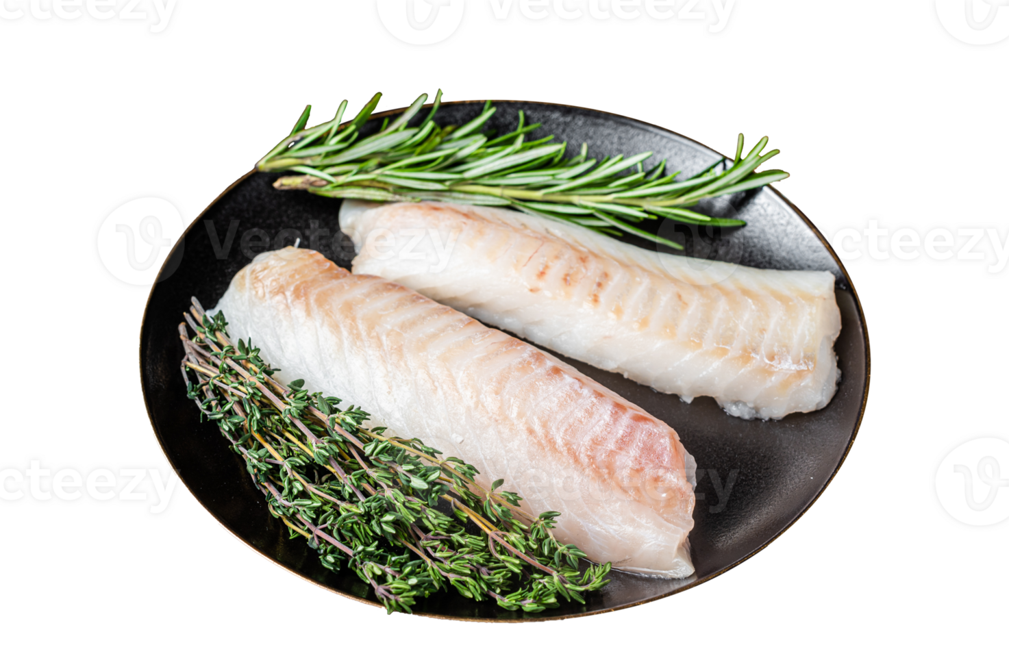 Raw cod loin fillet steaks with herbs on plate. Dark background. Top view png