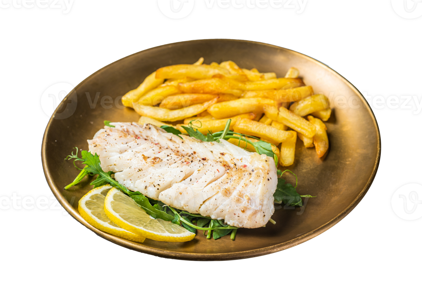 Fried cod fish fillet served with french fries. White background. Top view png