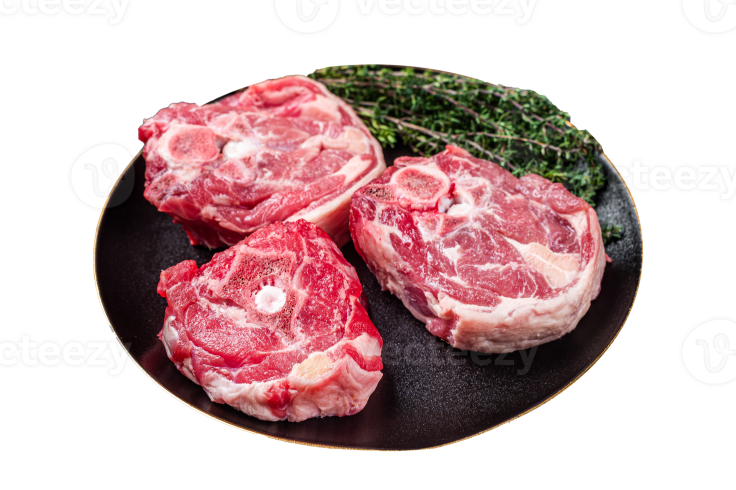 Raw Lamb Gerdan, lamb neck chops on a plate with herbs. Black background. Top view png