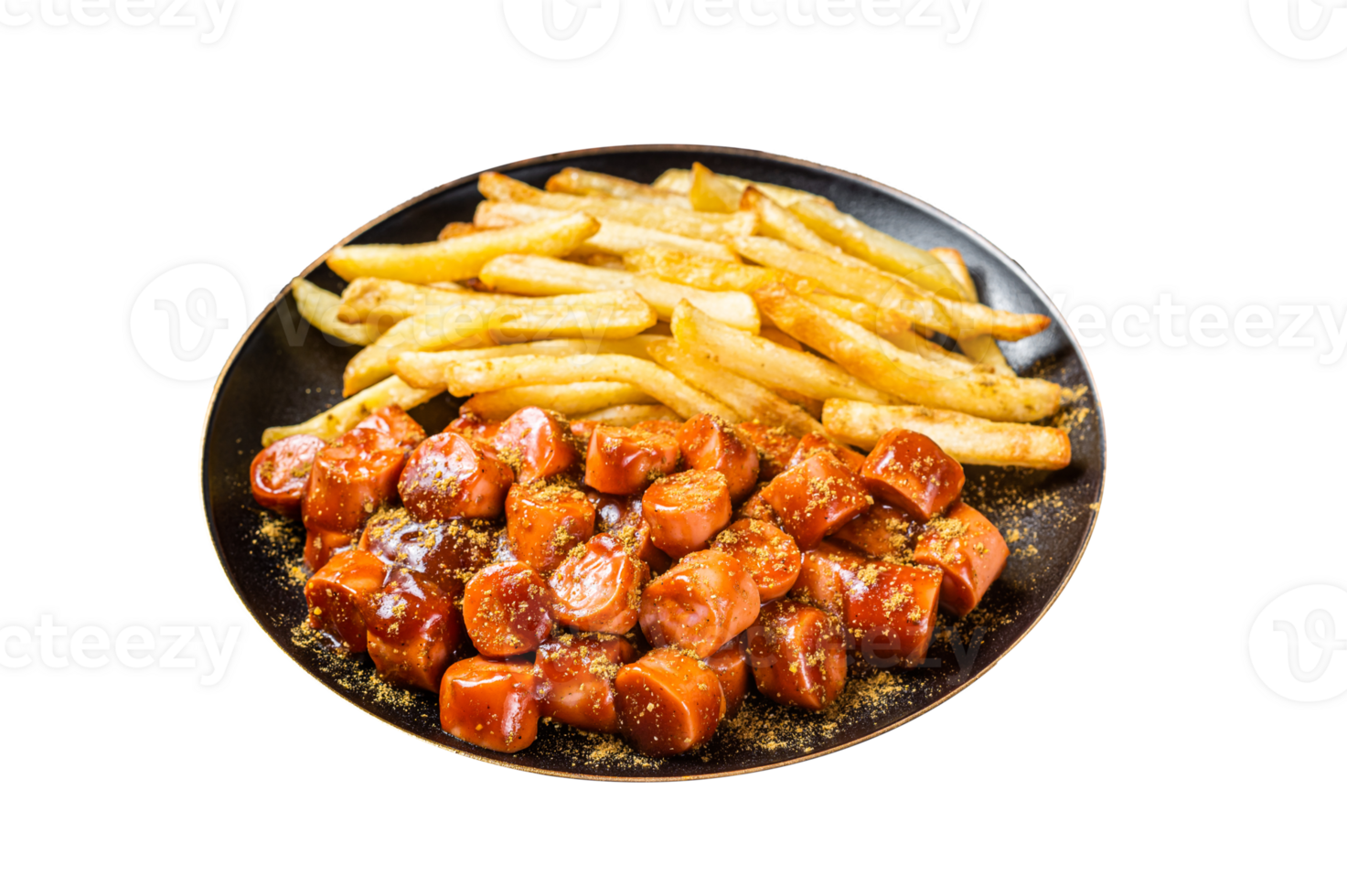 German currywurst meal, curry wurst with french fry served in a plate. Wooden background. Top view png