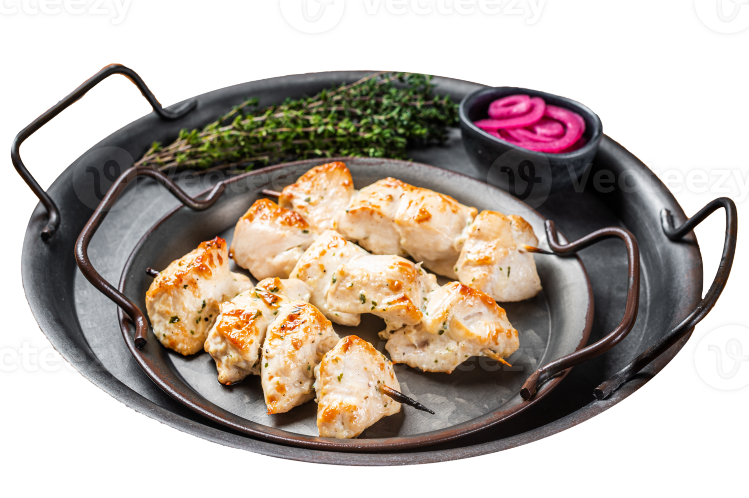 Grilled Chicken shish kebab with herbs and onion. Orange background. Top view png