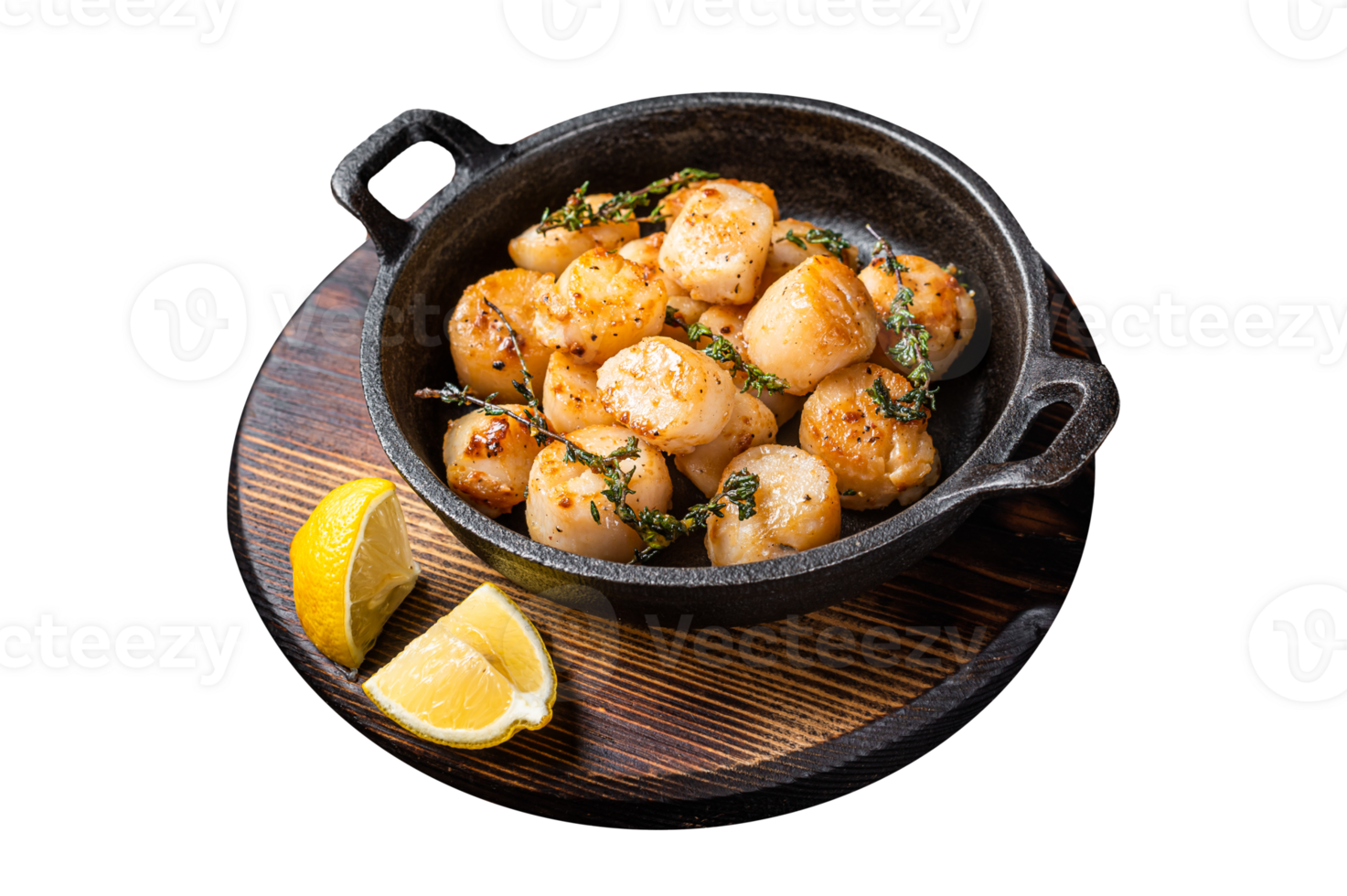 Scallops seared in garlic, thyme and butter served in cast iron skillet. Wooden background. Top view png