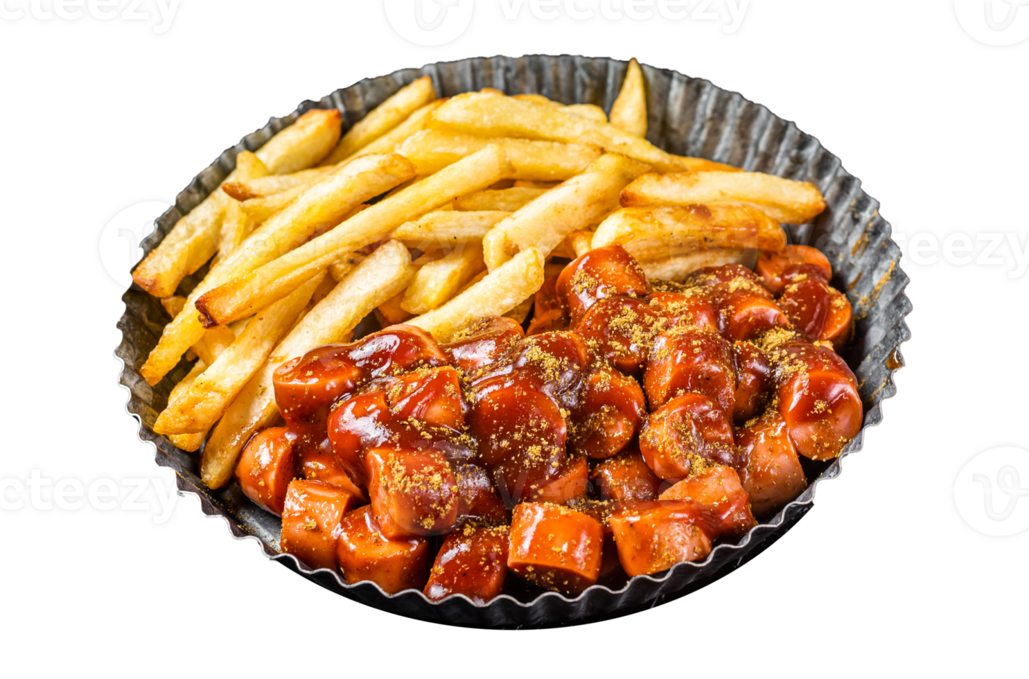 German fastfood currywurst meal, curry wurst with french fry. Black background. Top view png