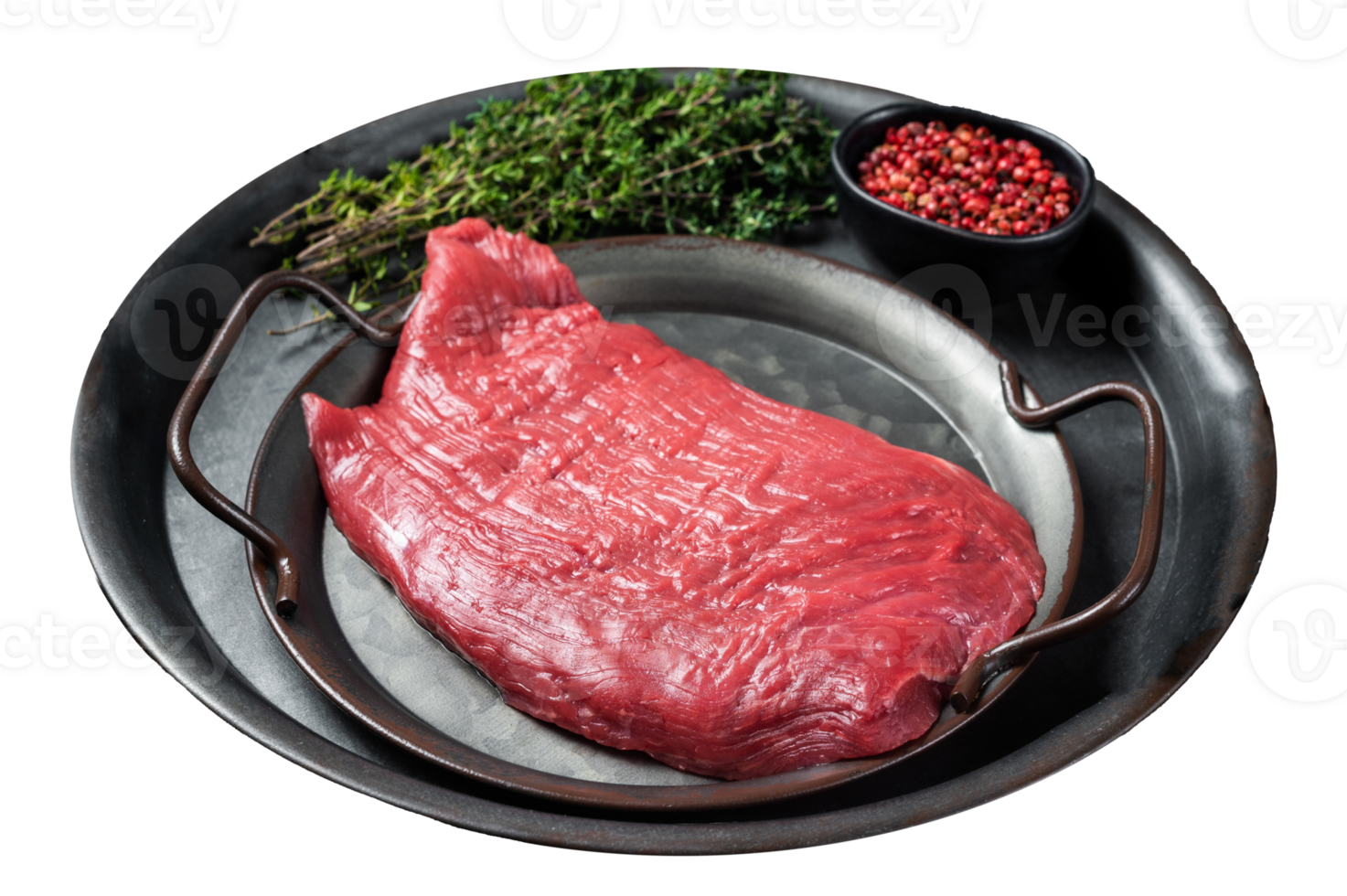 Fresh Raw flank beef meat steak and ingredients for cooking. Black background. Top view png