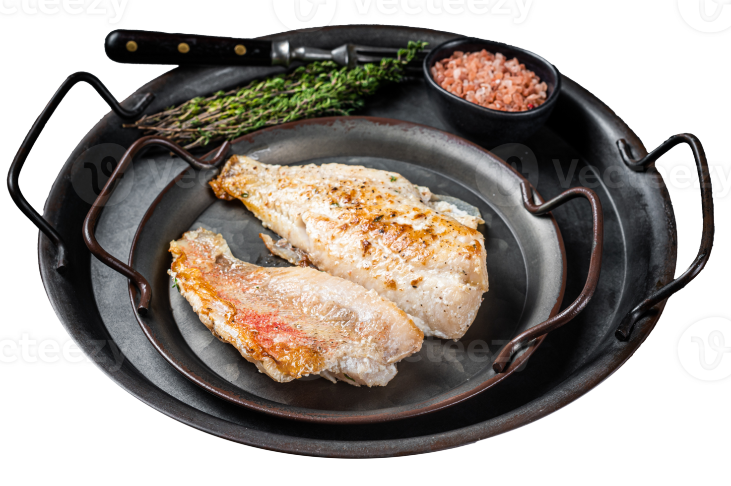 Roasted ocean red perch fillet with olive oil, thyme and spices. Black background. Top view png