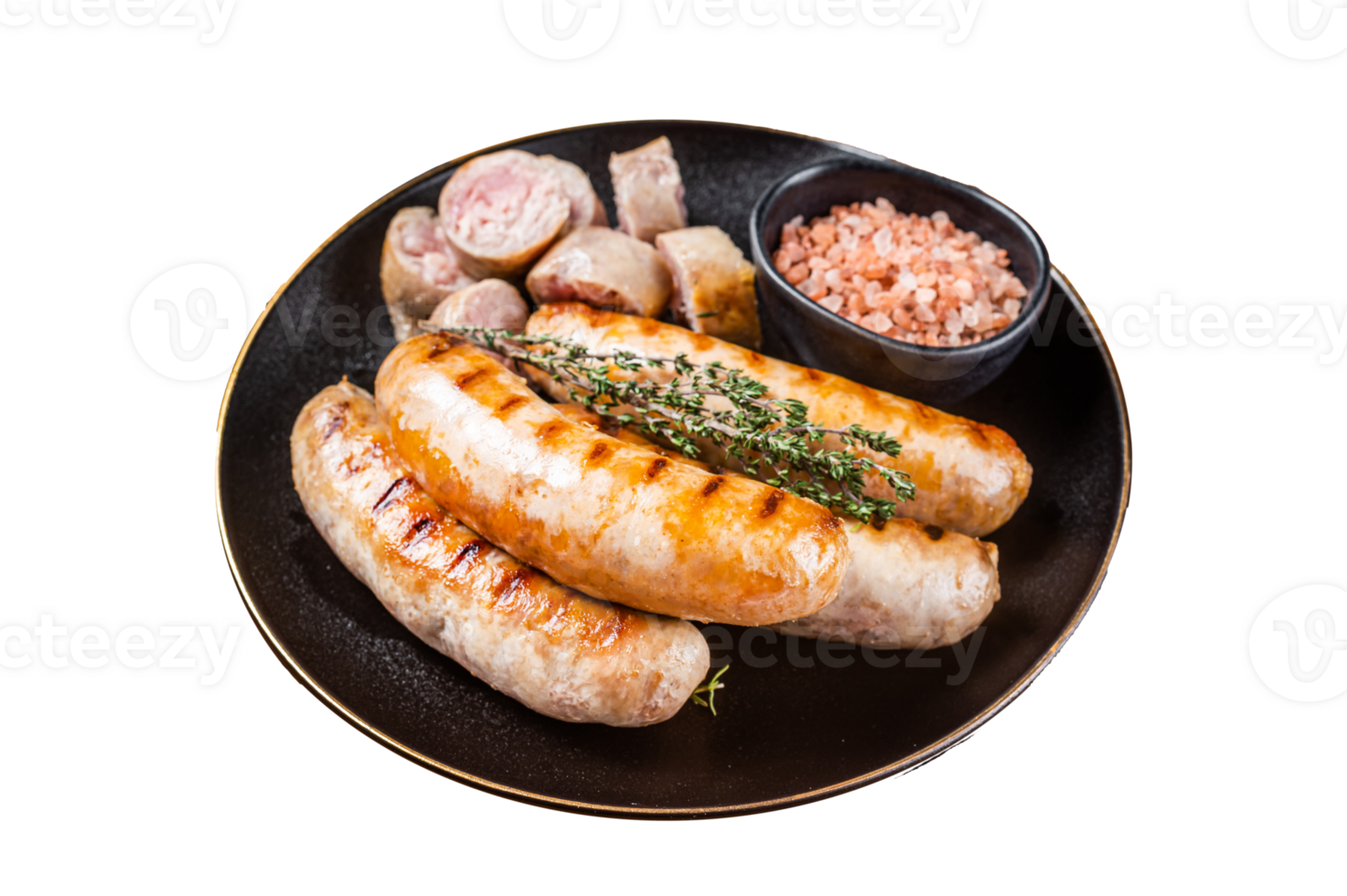 Roasted Bratwurst and Bockwurst pork meat sausages in a plate. Orange background. Top view png
