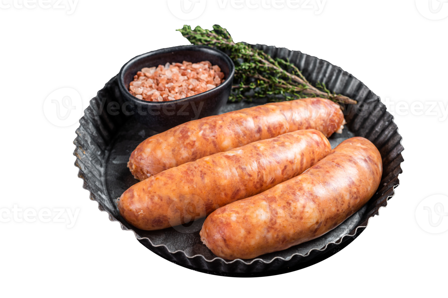 Raw Chorizo sausages ready for cooking with thyme. Black background. Top view png