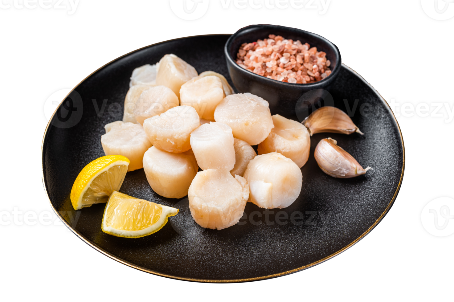 Raw sea scallops seafood on a plate with pink salt and lemon. Dark background. Top view png
