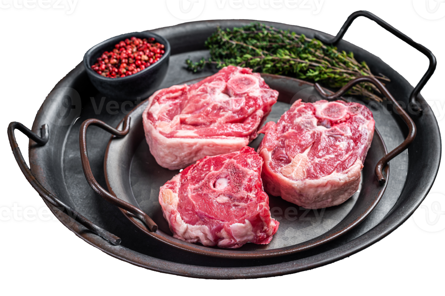Raw lamb neck meat with bone on a steel tray. Black background. Top view png