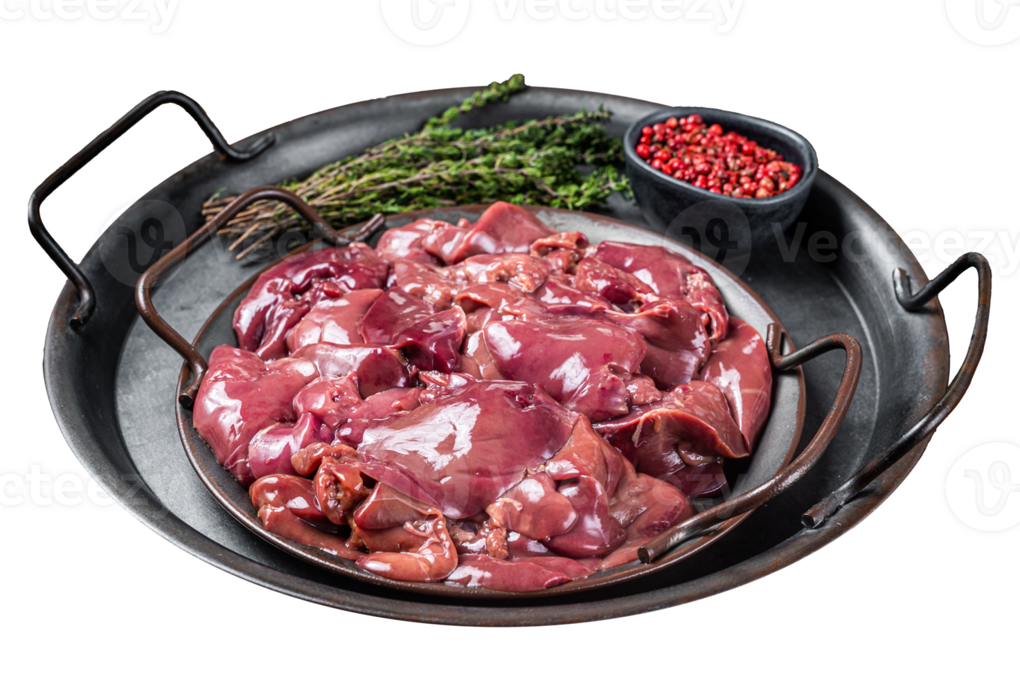 Fresh Raw chicken liver, poultry giblets in steel tray with herbs. Wooden background. Top view png