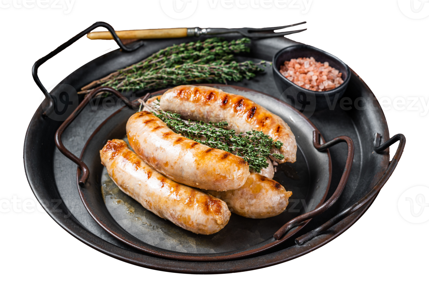 BBQ Fried Bratwurst and Chorizo sausages with herbs on a steel serving tray. Dark background. Top view png