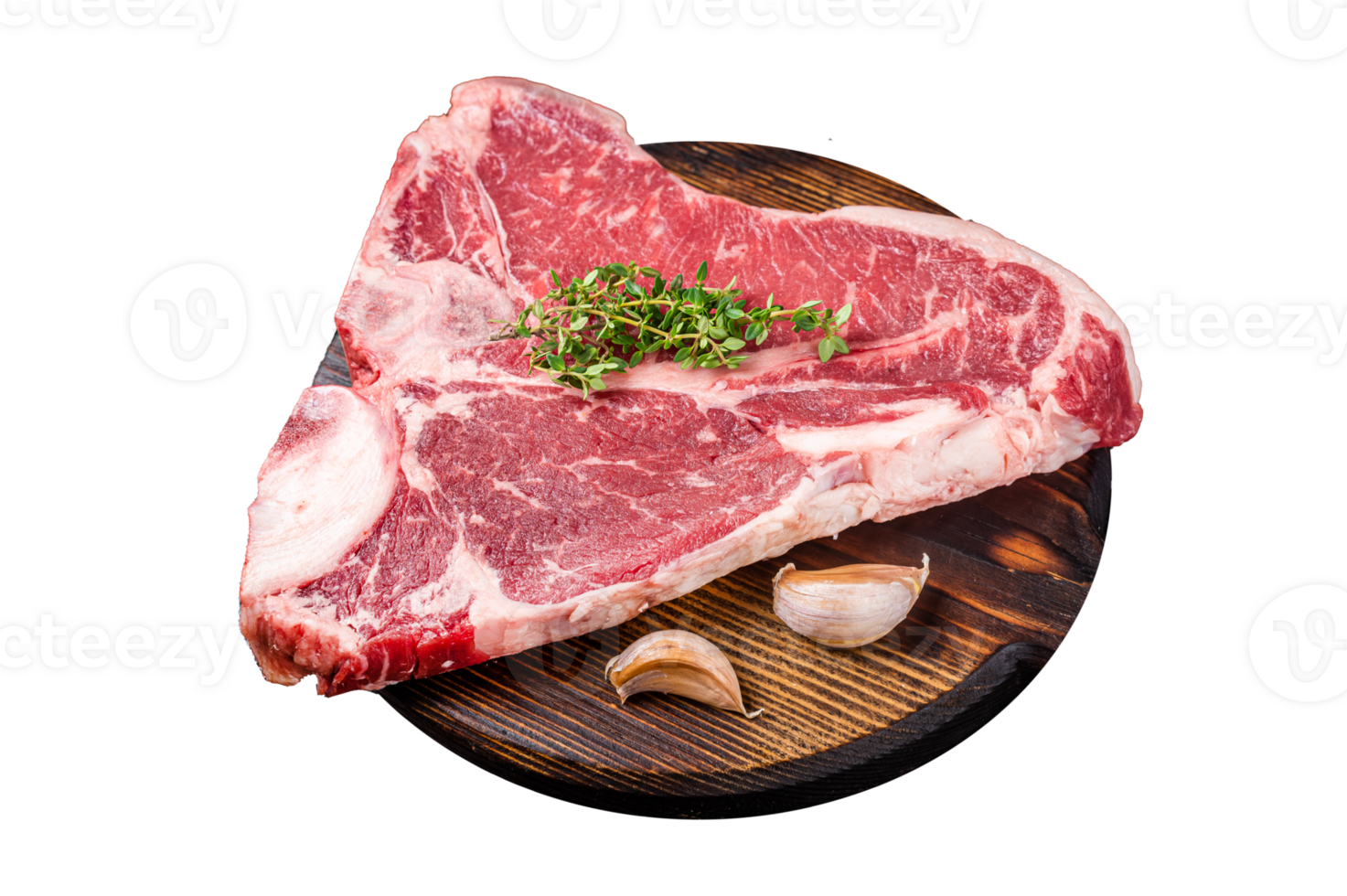 Raw Porterhouse steak, marbled beef meat on a wooden board. Dark background. Top view png