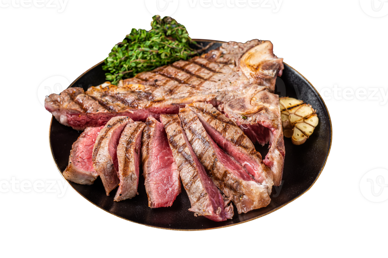Grilled Medium rare Porterhouse, T-Bone Steak sliced in a plate. Dark background. Top view png