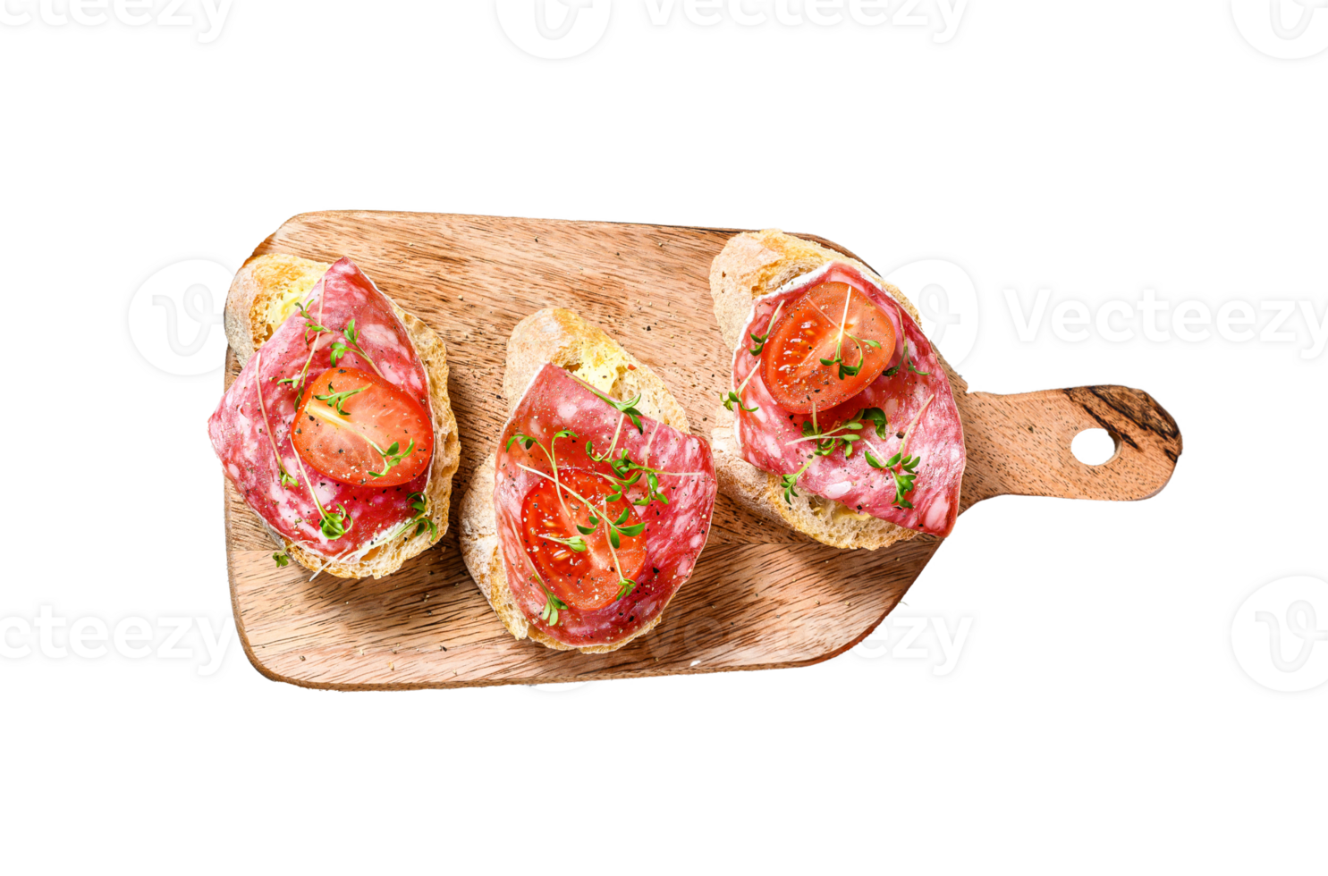 Open baguette sandwich with salami salchichon, cherry tomatoes and micro greens. gray background. top view png