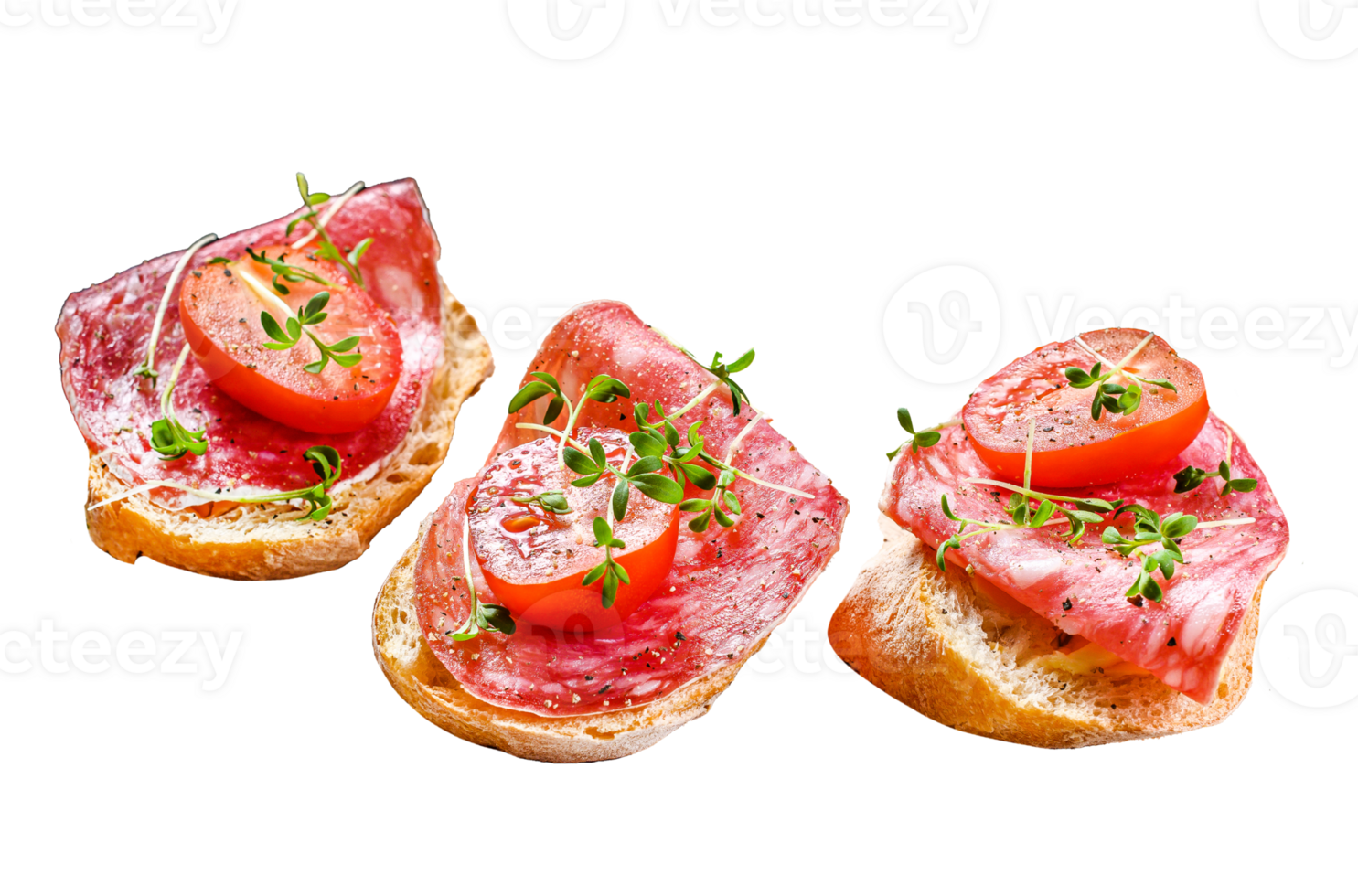 Open baguette sandwich with salami salchichon, cherry tomatoes and micro greens. gray background. top view png