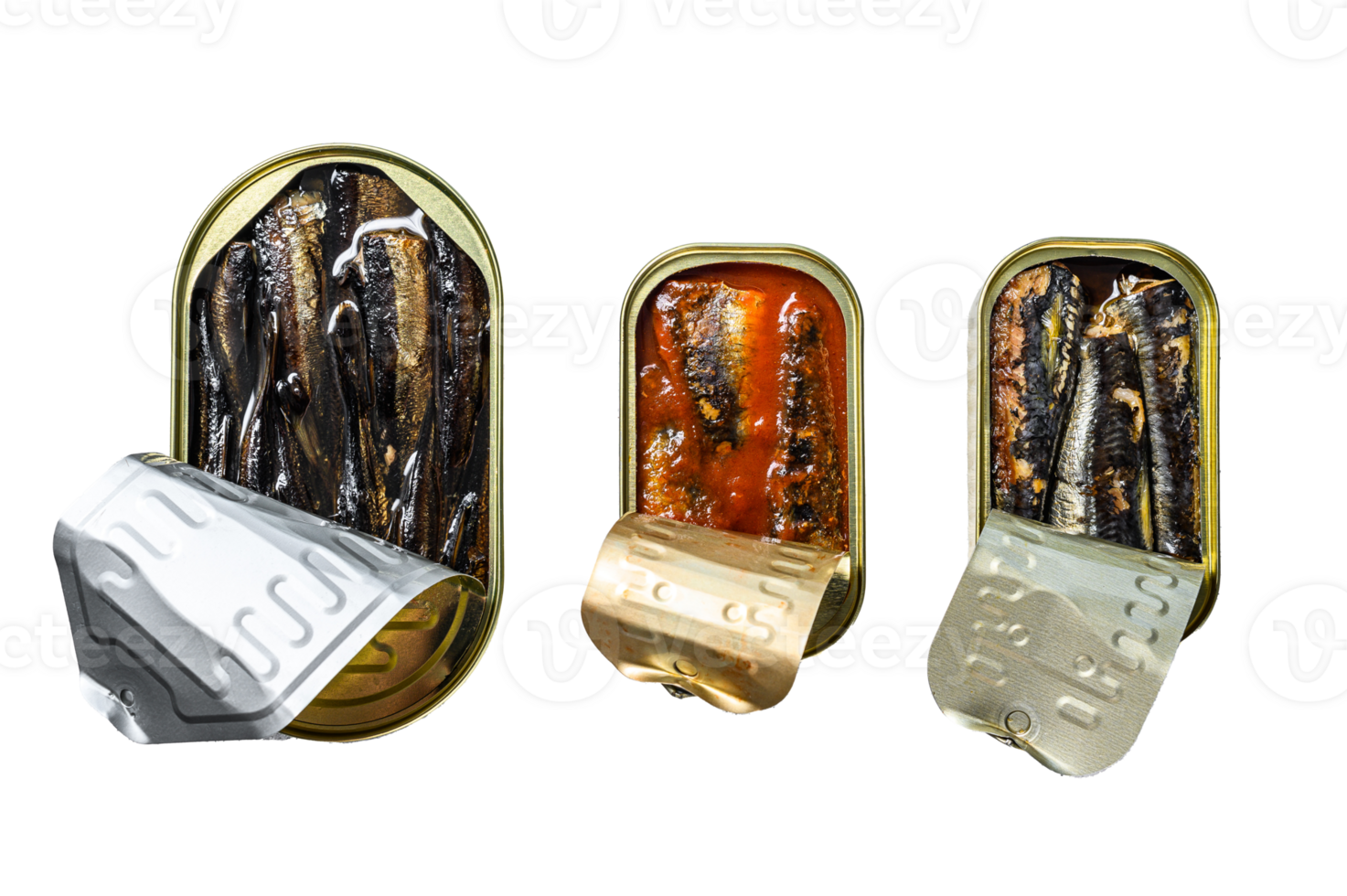 Assorted canned fish in a tin sardine, smoked sardine, mackerel. Grey wooden background. Top view png