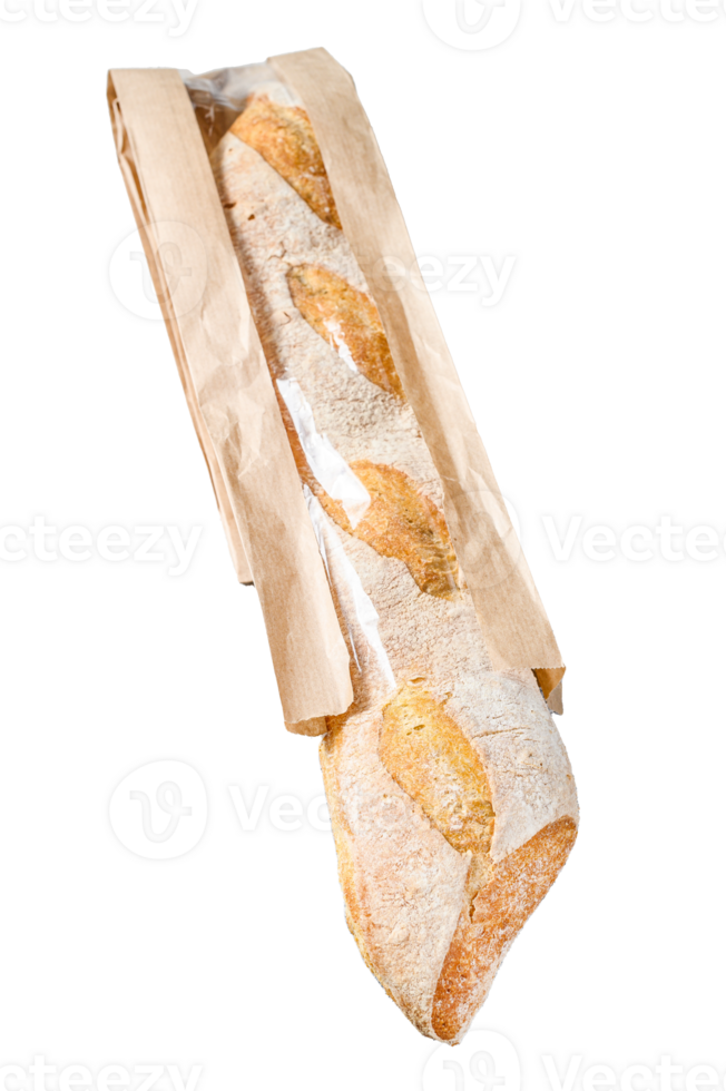 Fresh baguette in a paper craft bag. gray background. top view png