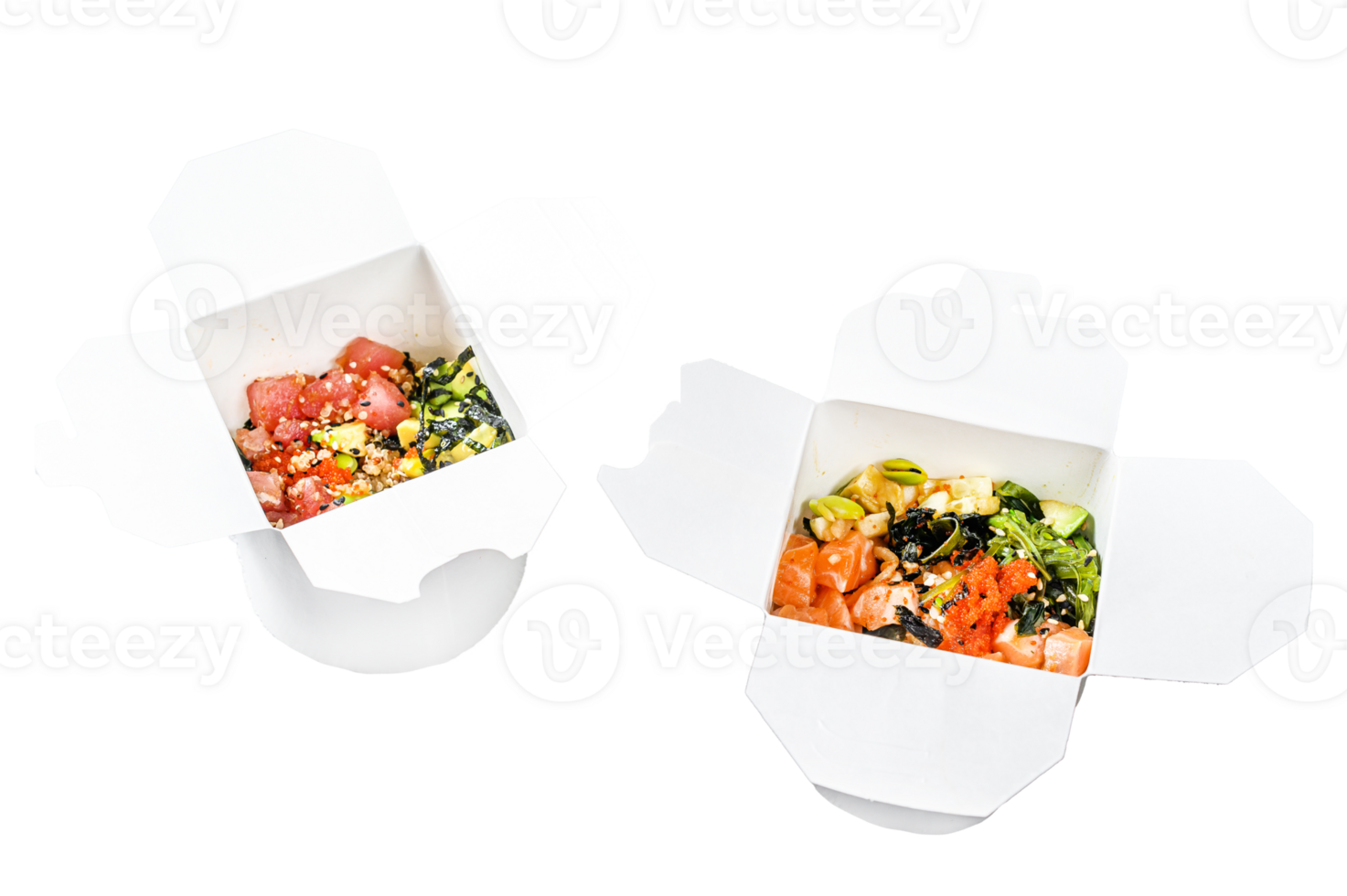 Buddha bowl in paper box with vegetables , salmon and tuna. street food to go, take away. White background. Top view png