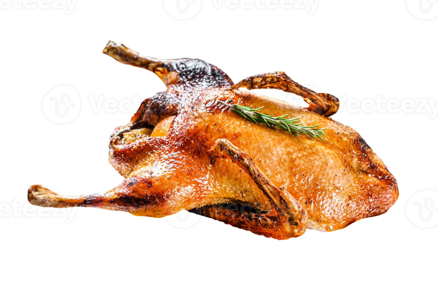 Baked duck stuffed with oranges and rosmarina. Festive table. Gray background. Top view png