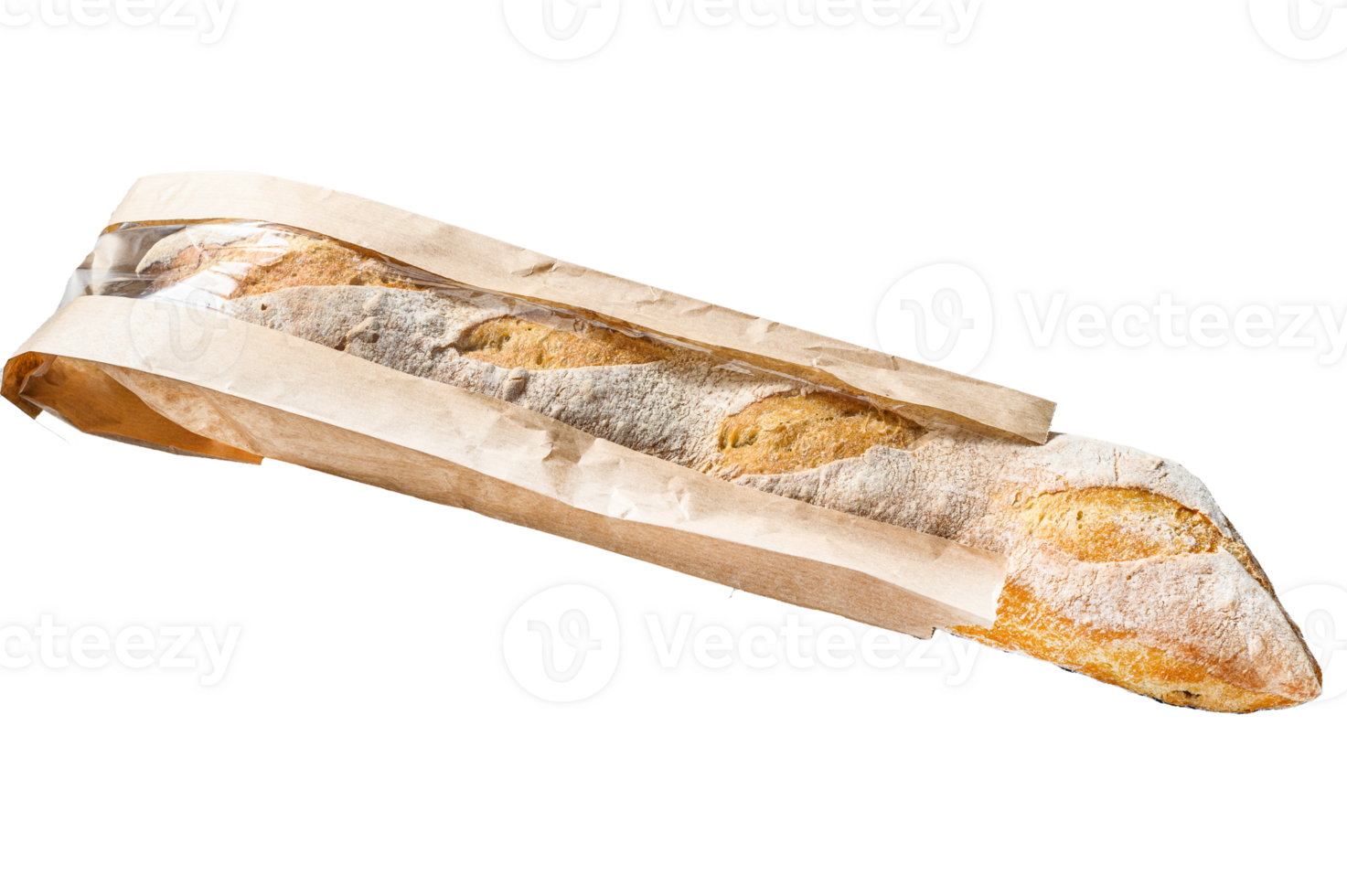 French baguette in a paper bag. gray background. top view png
