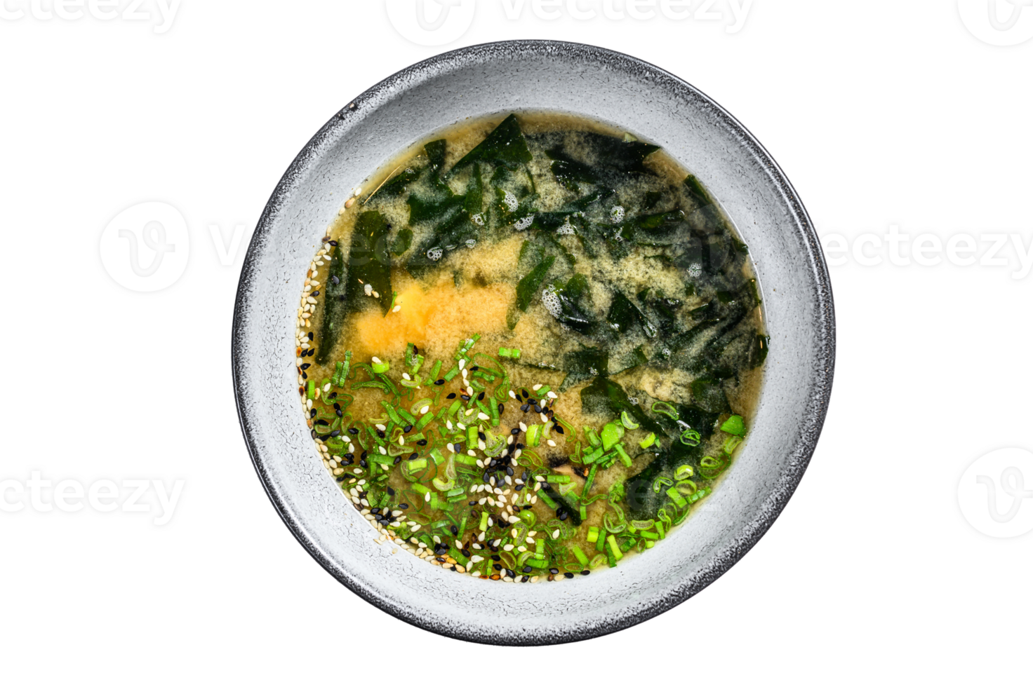 Japanese miso soup in a white bowl. White background. Top view png