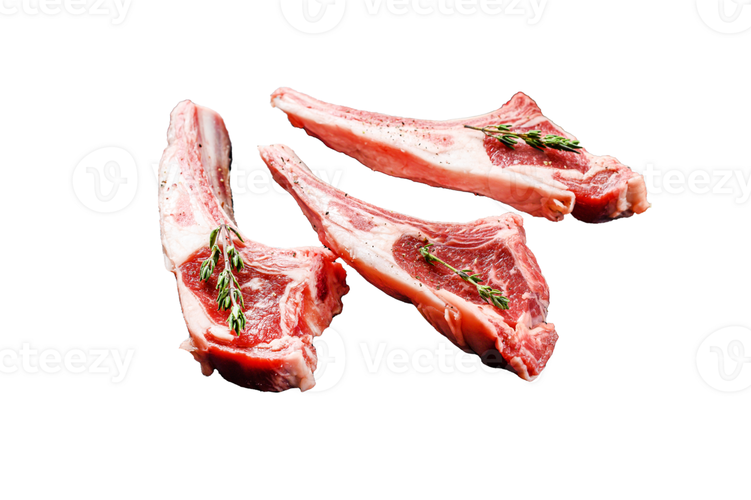Raw lamb chops, Rack of Lamb with rosemary and spices. Organic meat steak. Black background. Top view png