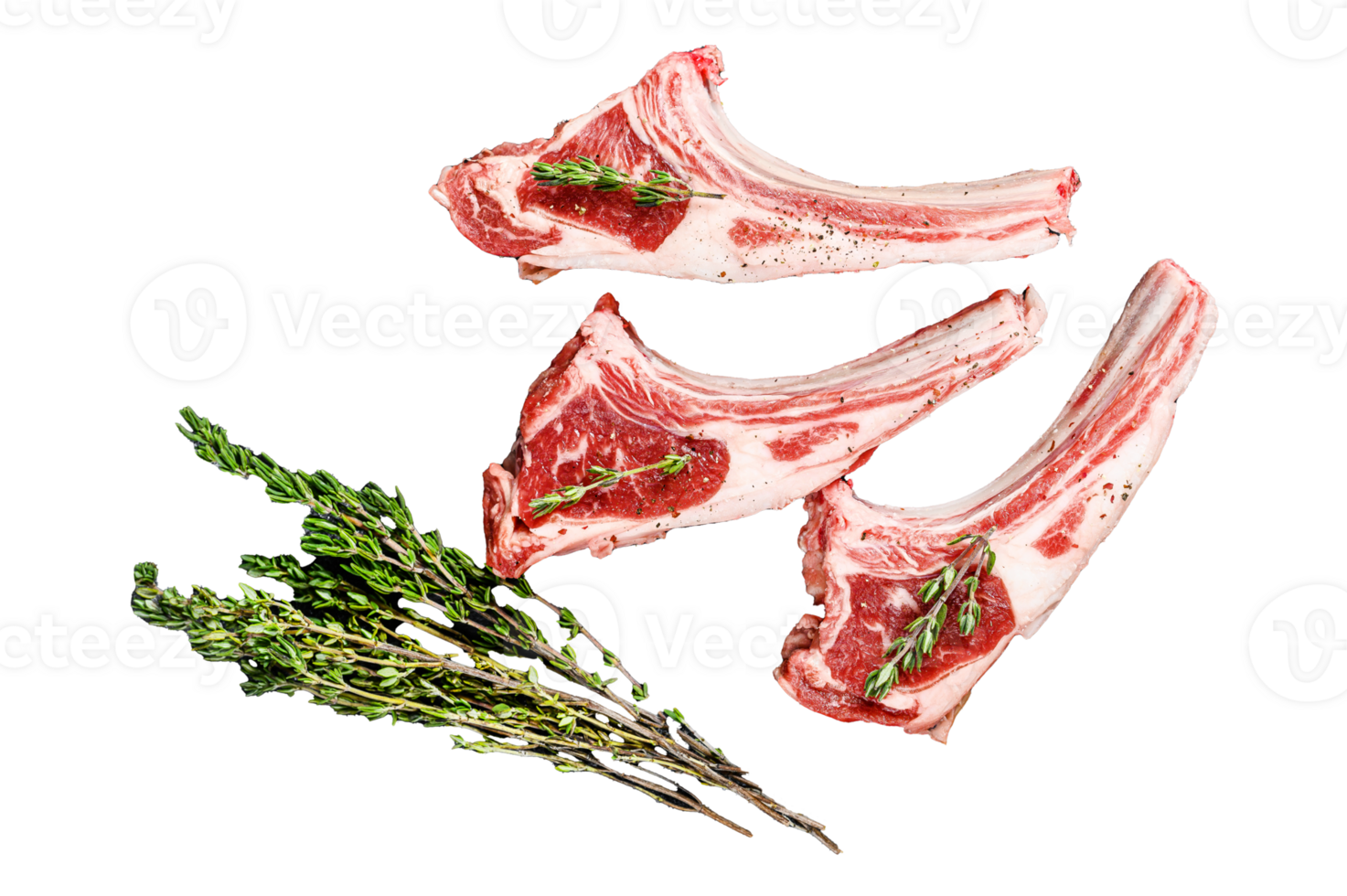 Raw fresh lamb ribs with pepper and rosemary. Organic meat. Black background. Top view png