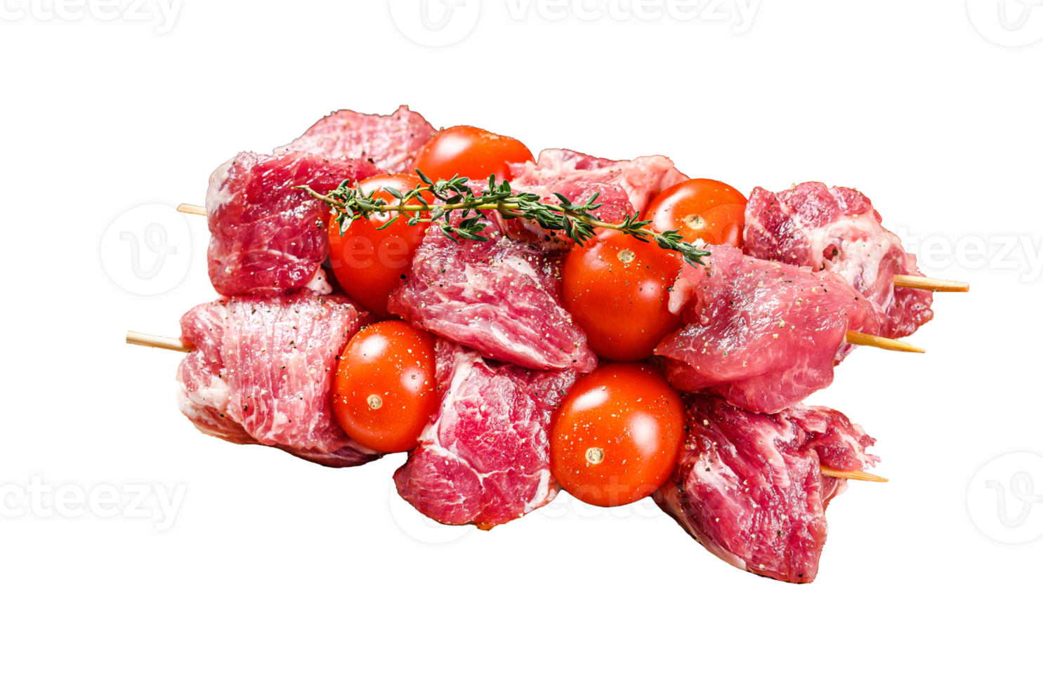 Raw beef meat kebab on cutting board. BBQ with tomato and spices. Gray background. Top view png